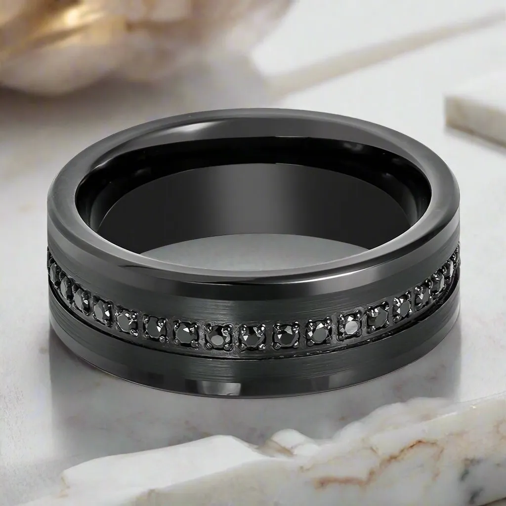 APODIS | Black Tungsten Ring, Black Sapphire Stone, Flat