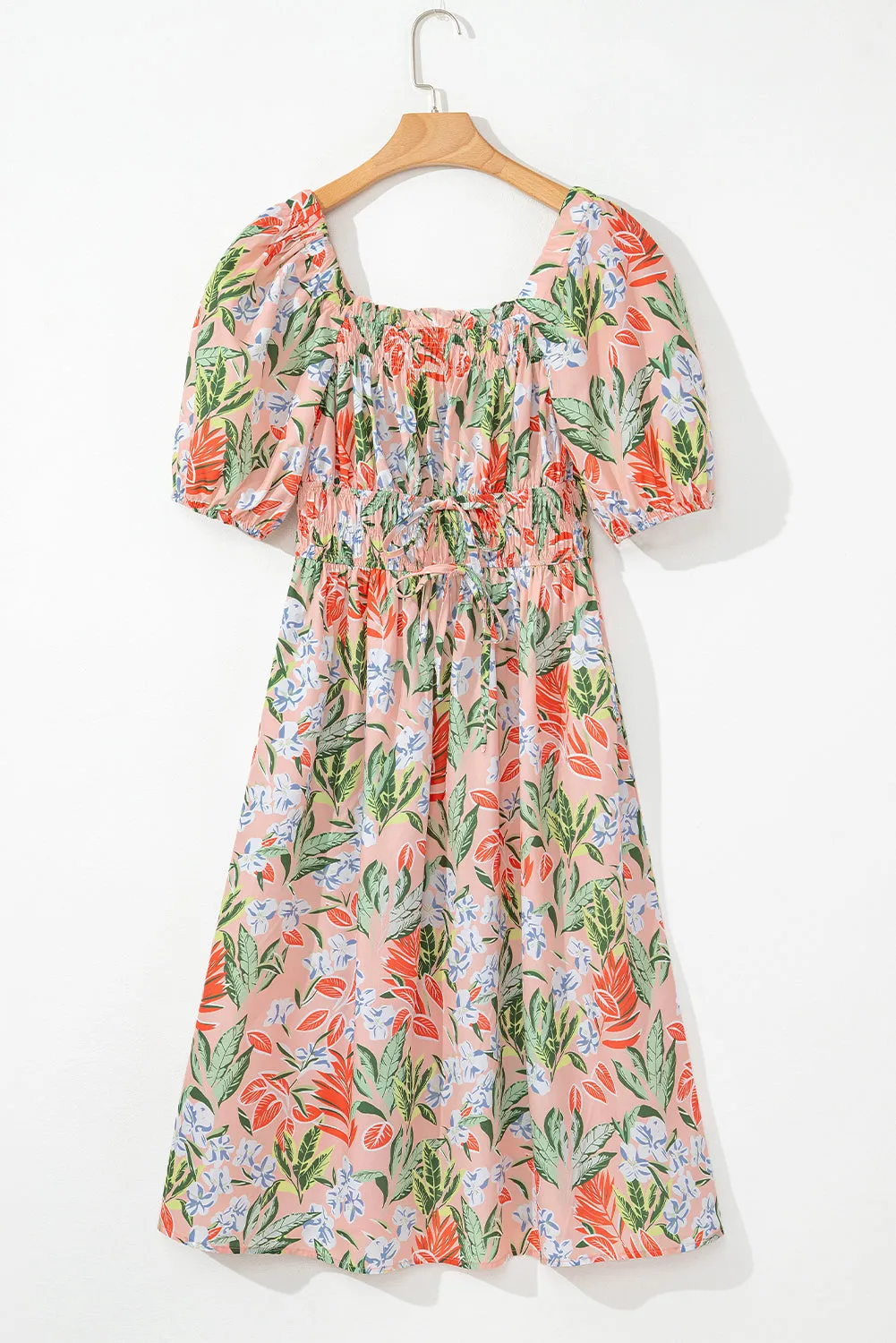 Apricot Pink Floral Smocked Bust Bubble Short Sleeve Maxi Dress