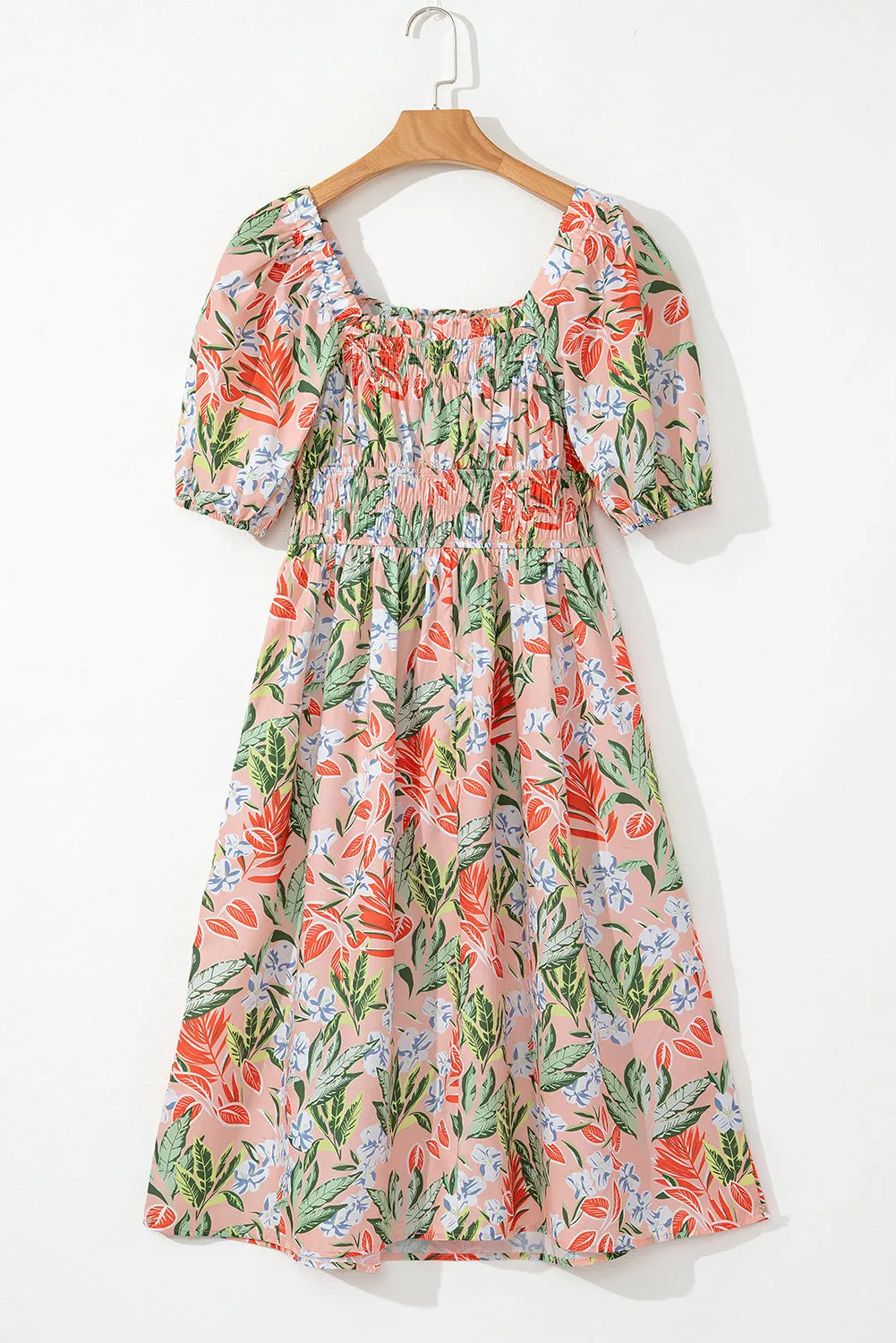 Apricot Pink Floral Smocked Bust Bubble Short Sleeve Maxi Dress