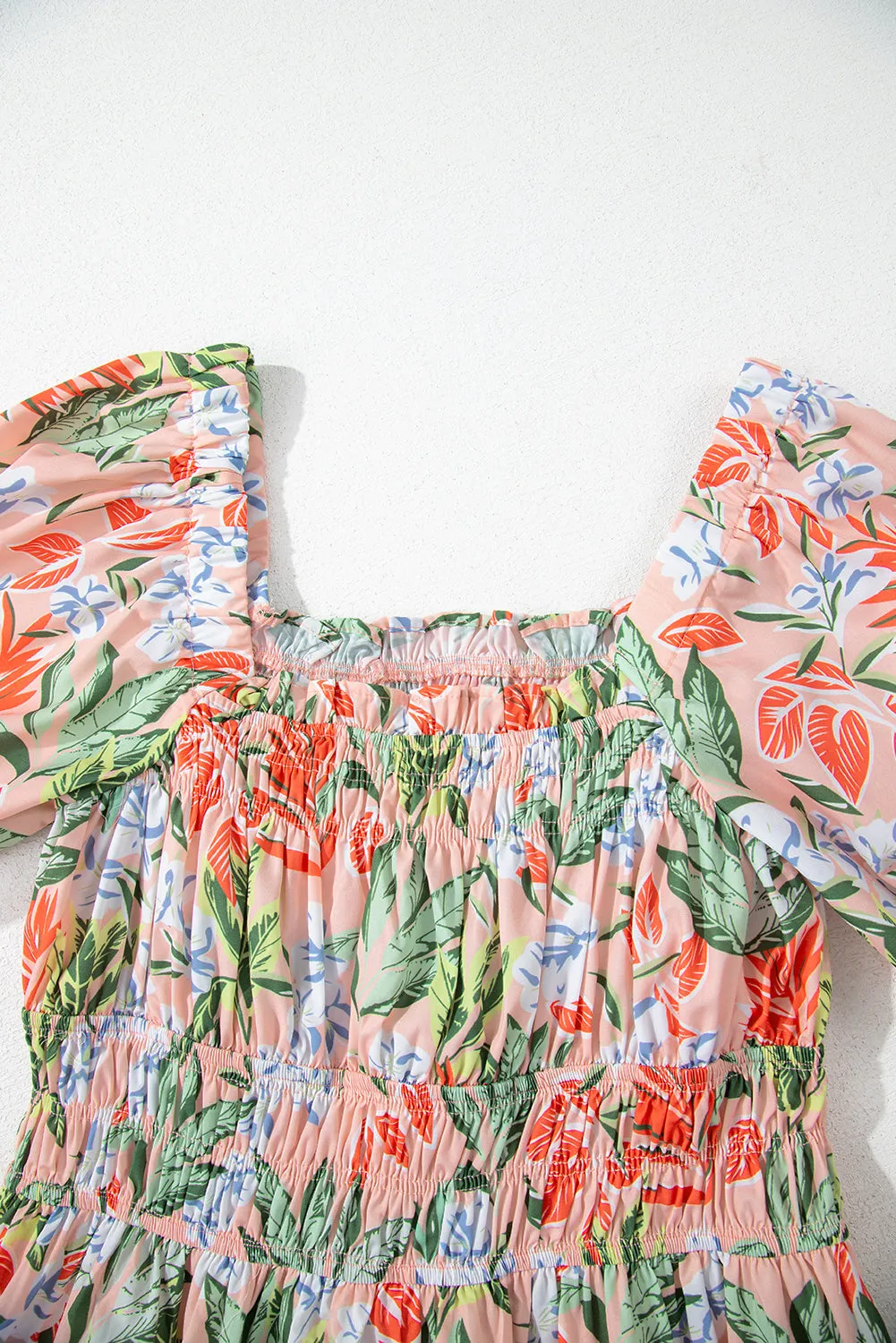 Apricot Pink Floral Smocked Bust Bubble Short Sleeve Maxi Dress