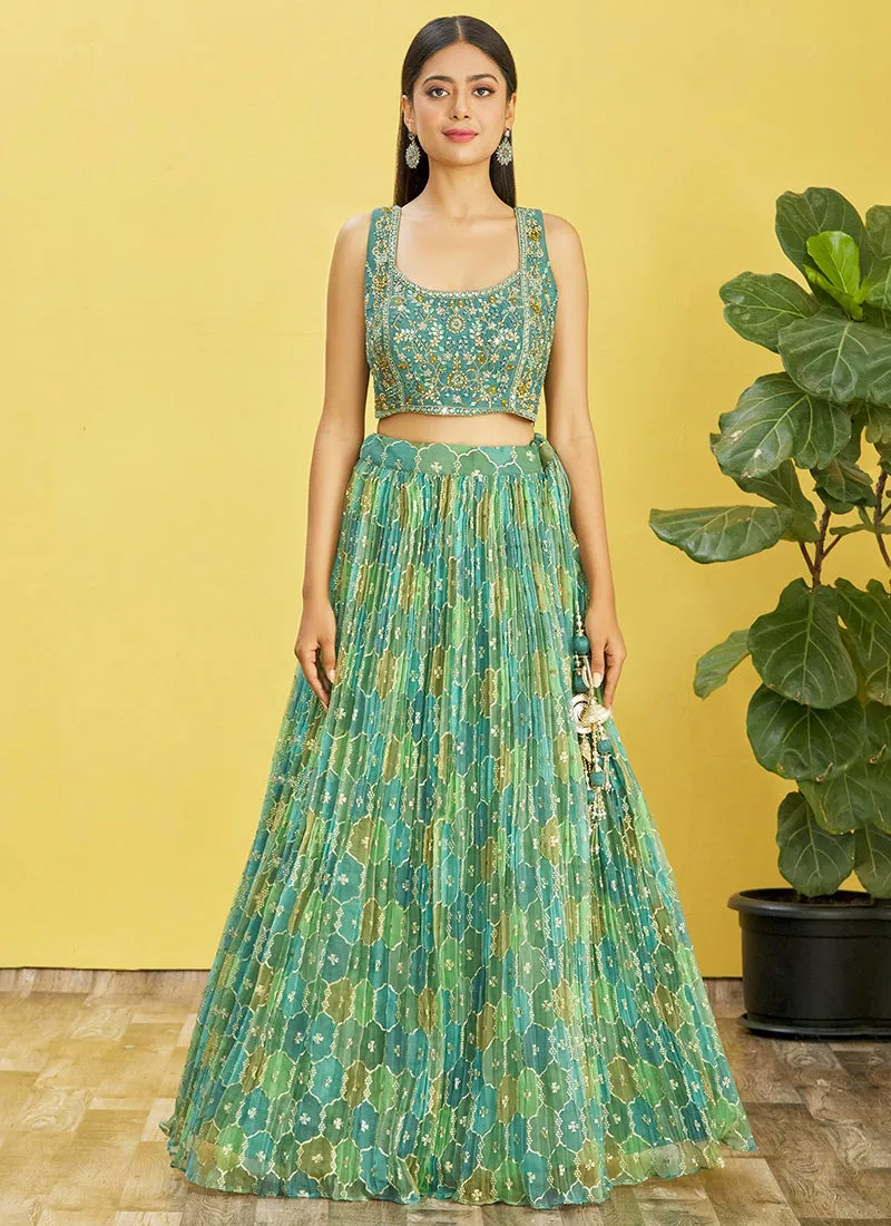 Aqua Blue Multi Embroidery Printed Lehenga Choli