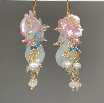 Aquamarine, Pink Keishi Pearl and Pastel Gemstone Wedding Earrings