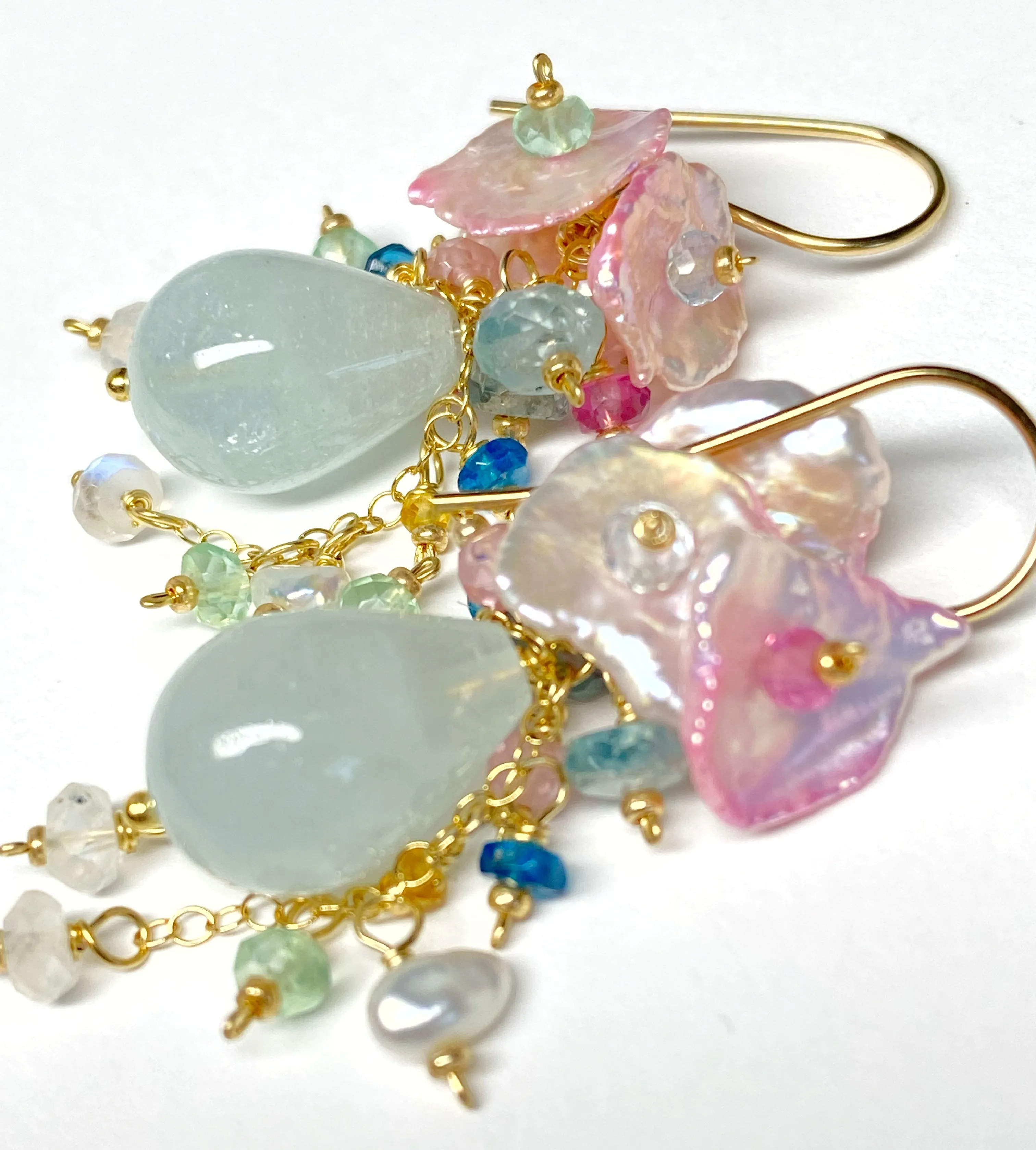 Aquamarine, Pink Keishi Pearl and Pastel Gemstone Wedding Earrings