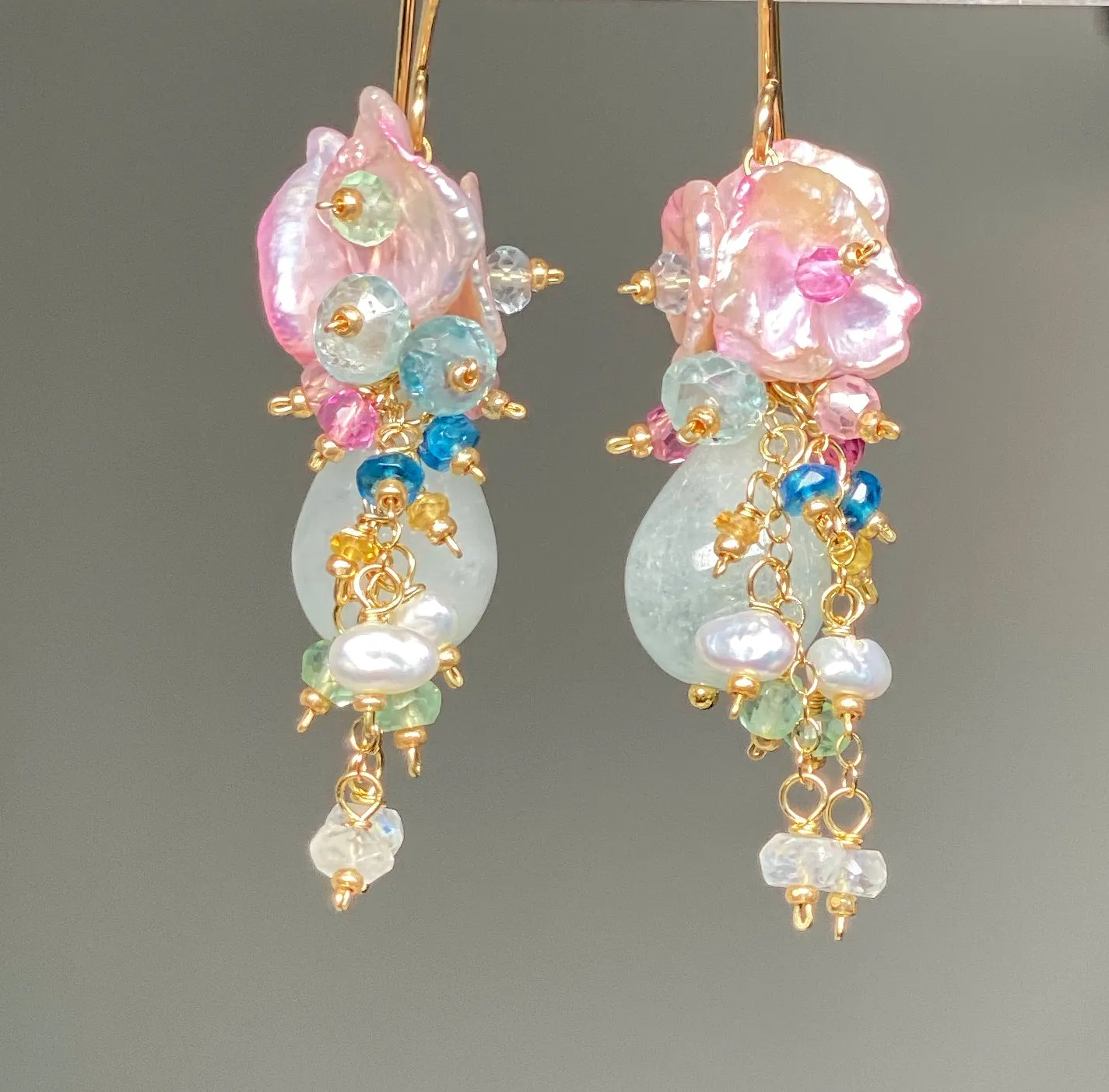 Aquamarine, Pink Keishi Pearl and Pastel Gemstone Wedding Earrings