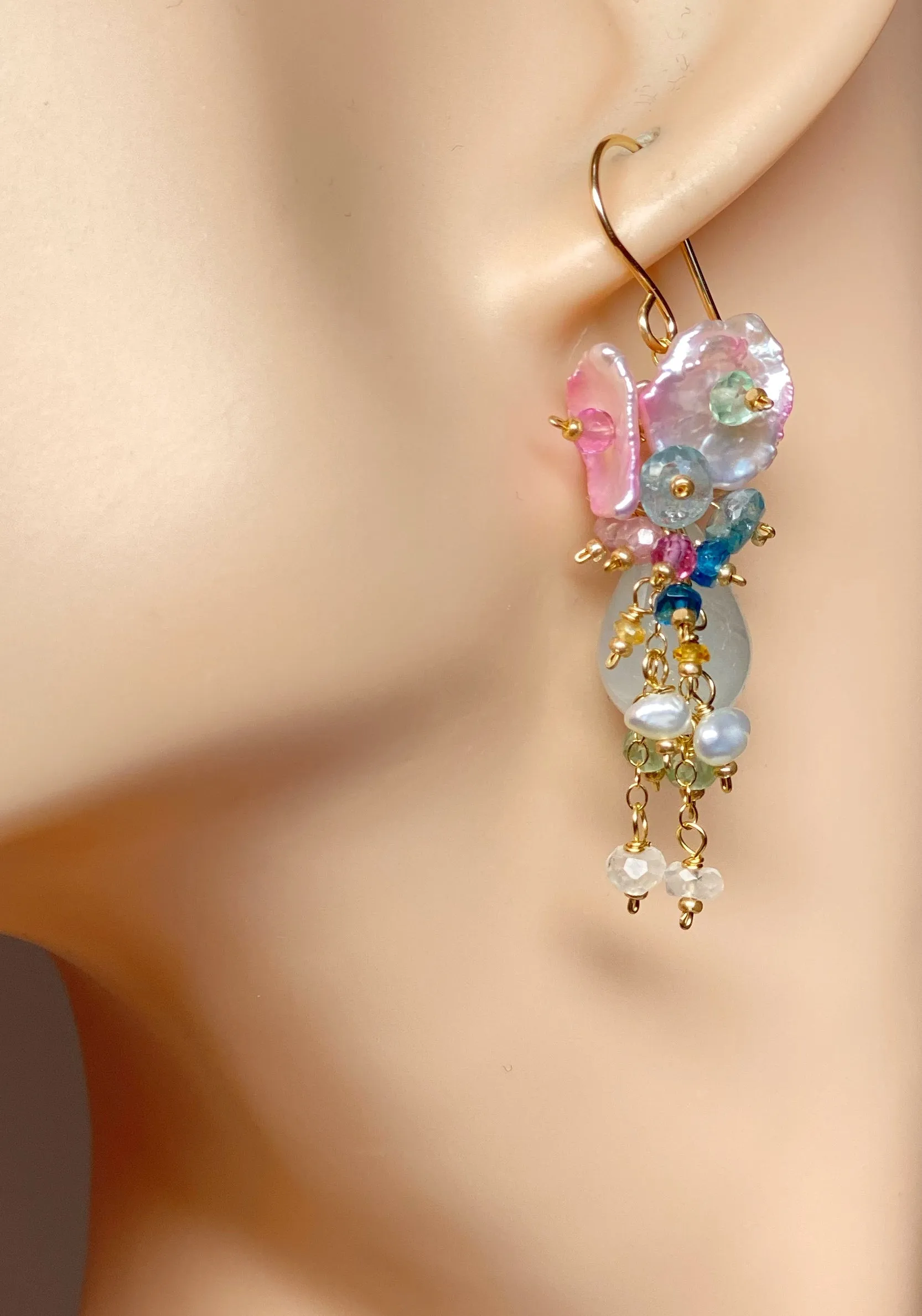 Aquamarine, Pink Keishi Pearl and Pastel Gemstone Wedding Earrings