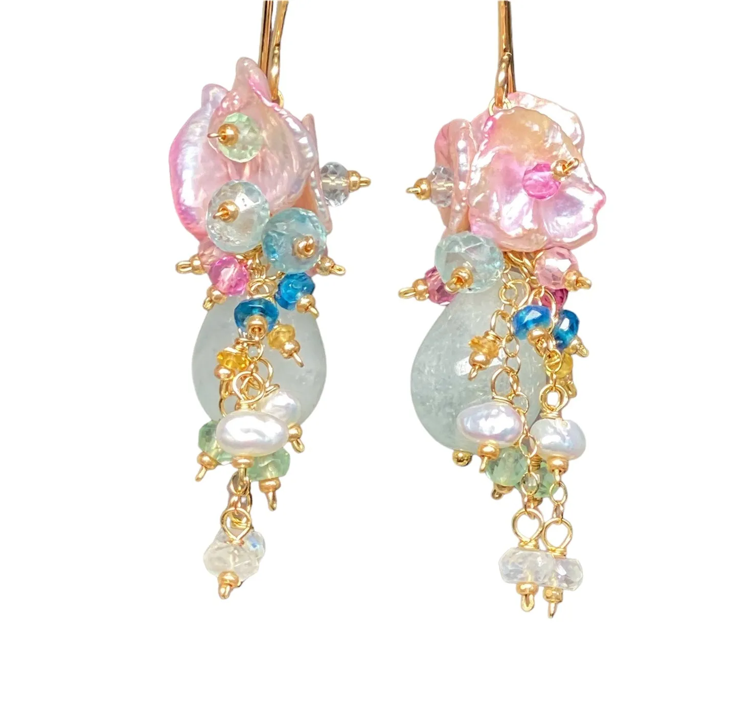 Aquamarine, Pink Keishi Pearl and Pastel Gemstone Wedding Earrings