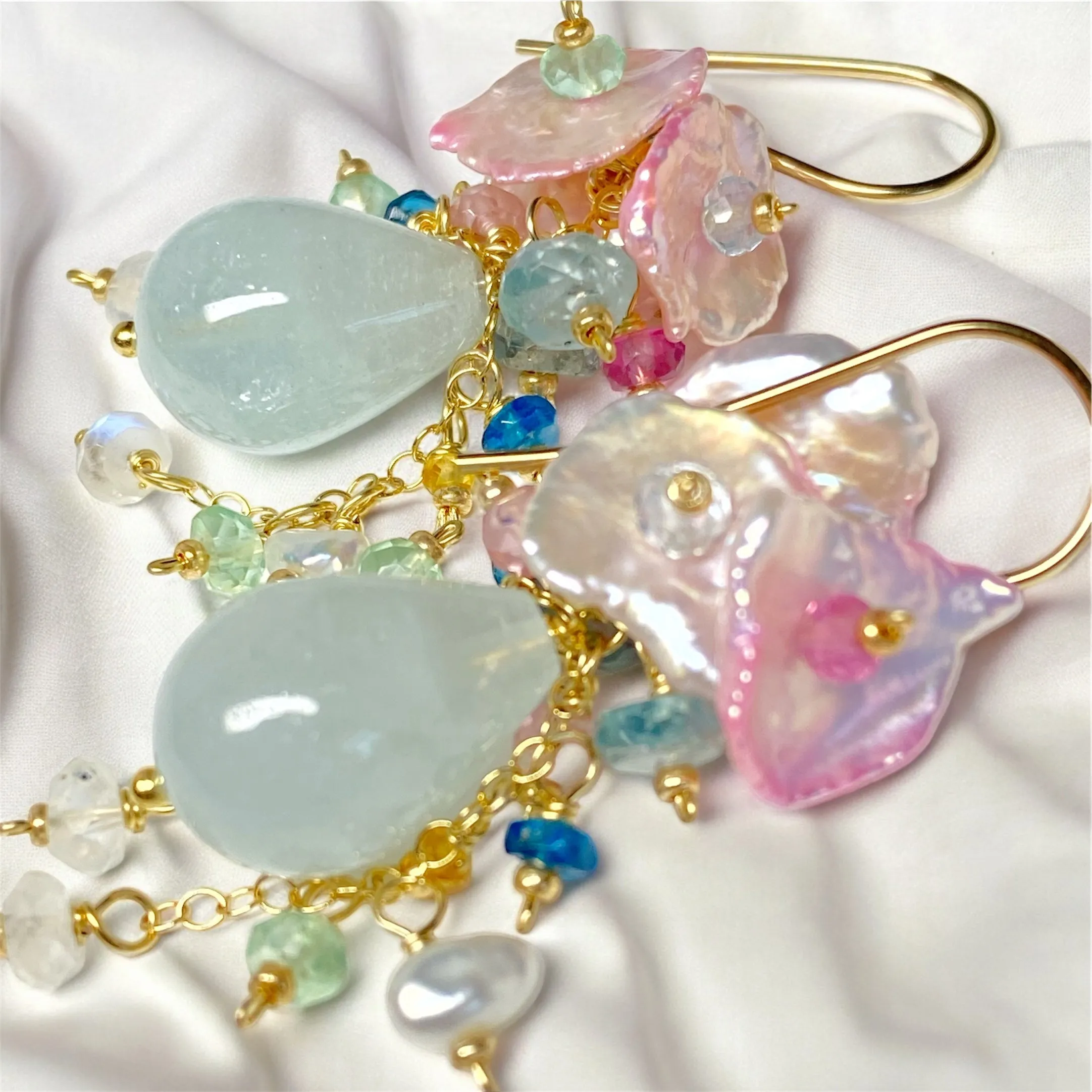 Aquamarine, Pink Keishi Pearl and Pastel Gemstone Wedding Earrings