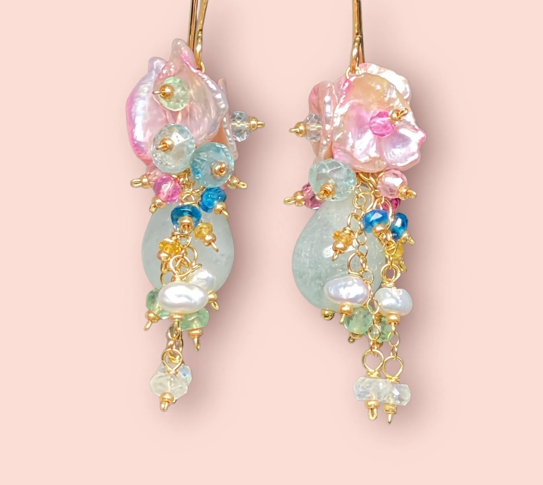 Aquamarine, Pink Keishi Pearl and Pastel Gemstone Wedding Earrings