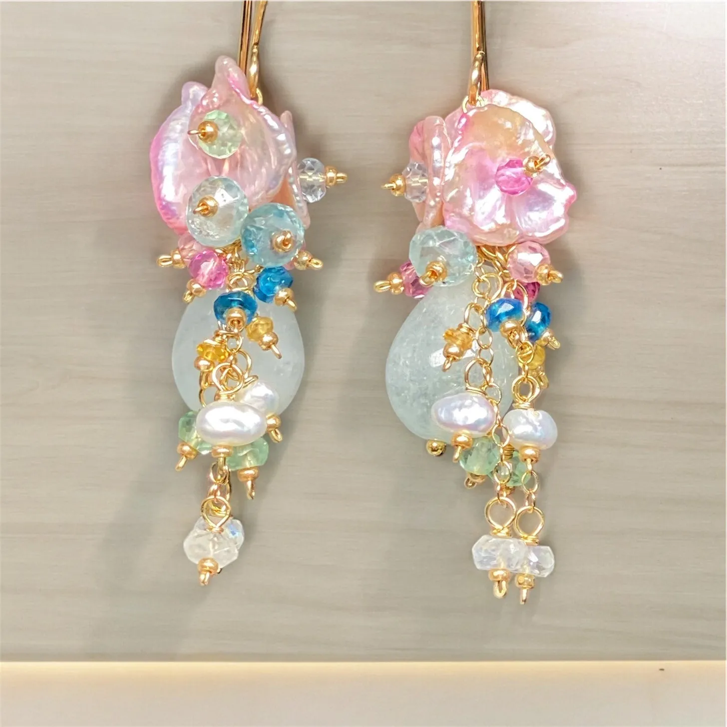 Aquamarine, Pink Keishi Pearl and Pastel Gemstone Wedding Earrings