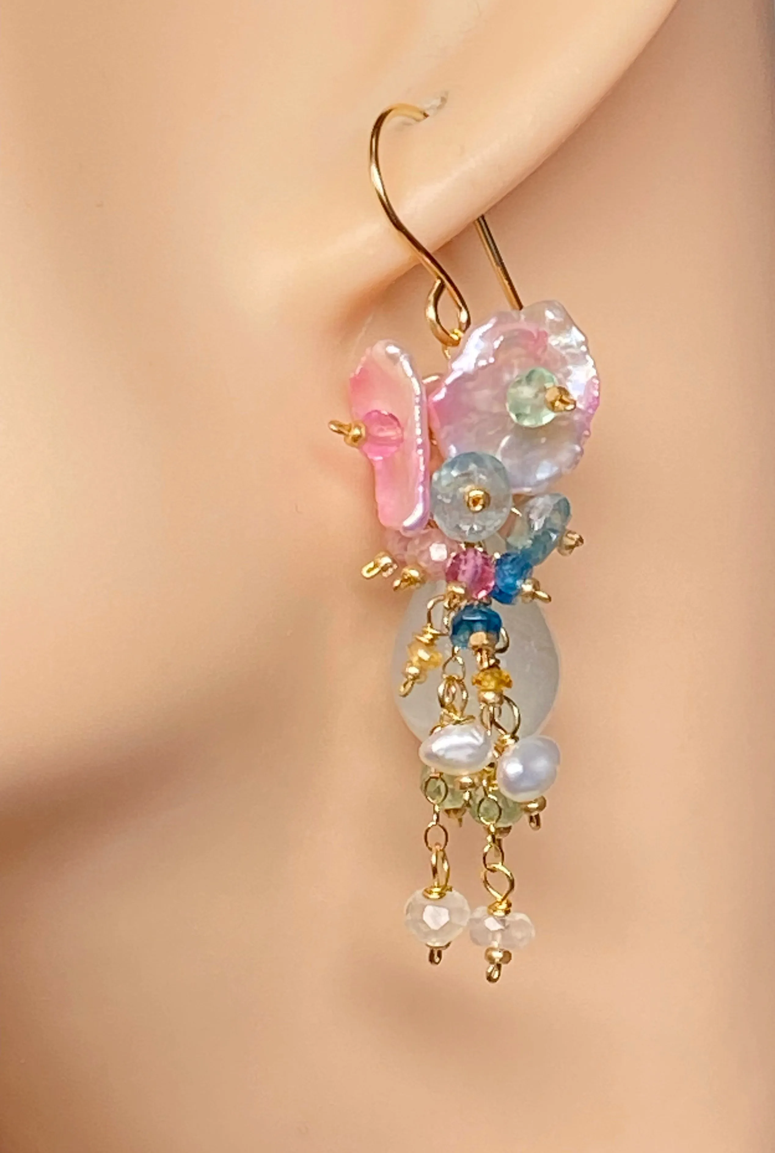 Aquamarine, Pink Keishi Pearl and Pastel Gemstone Wedding Earrings