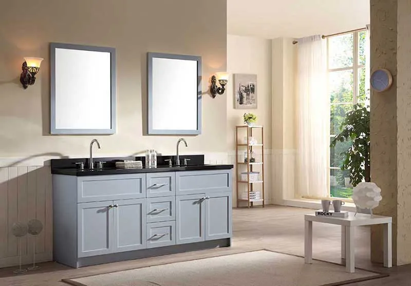 Ariel Hamlet 73" Double Sink Vanity Set with Absolute Black Granite Countertop in Grey