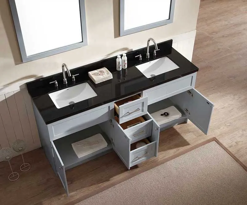 Ariel Hamlet 73" Double Sink Vanity Set with Absolute Black Granite Countertop in Grey