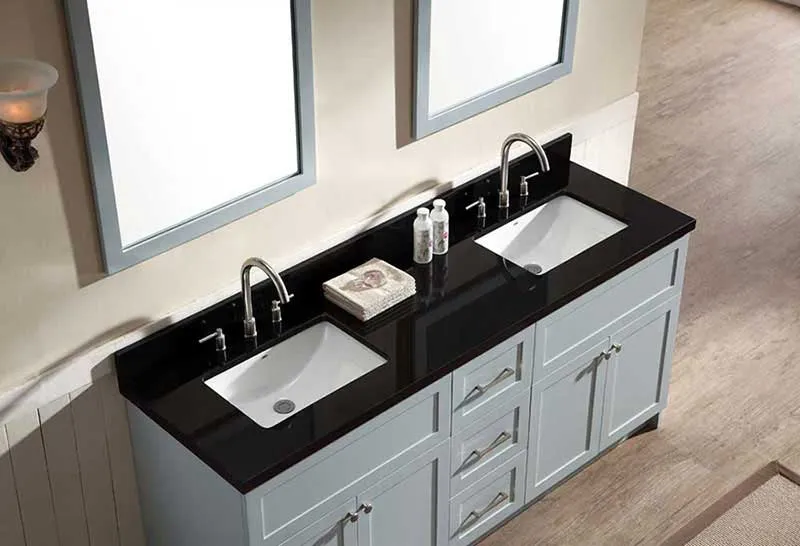 Ariel Hamlet 73" Double Sink Vanity Set with Absolute Black Granite Countertop in Grey