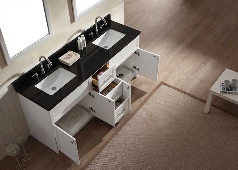 Ariel Hamlet 73" Double Sink Vanity Set with Absolute Black Granite Countertop in White