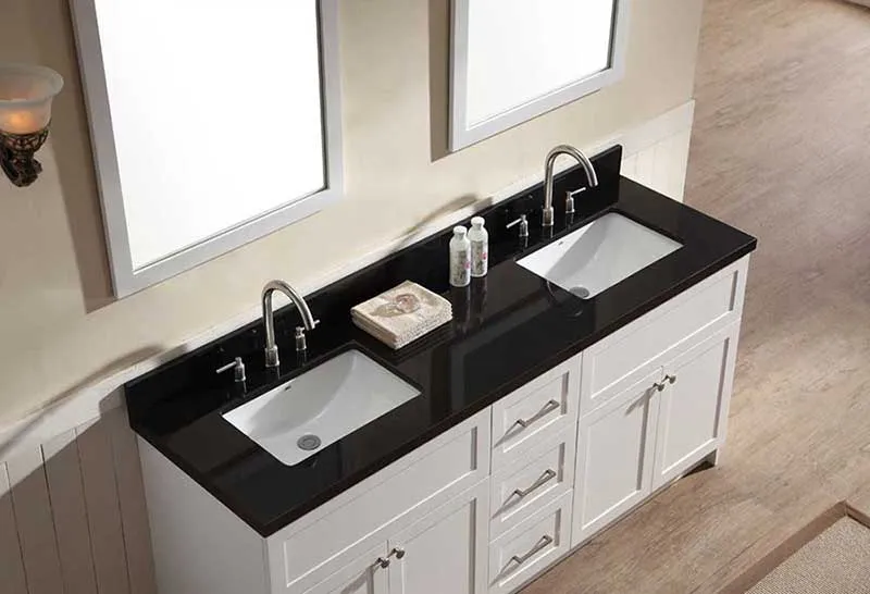 Ariel Hamlet 73" Double Sink Vanity Set with Absolute Black Granite Countertop in White