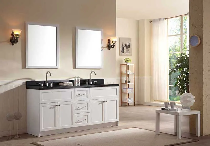 Ariel Hamlet 73" Double Sink Vanity Set with Absolute Black Granite Countertop in White