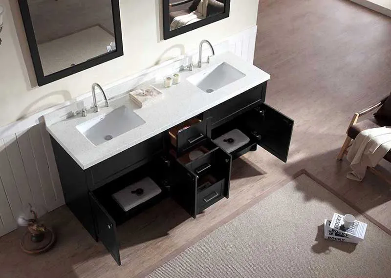 Ariel Hamlet 73" Double Sink Vanity Set with White Quartz Countertop in Black