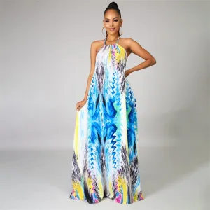 Ariella Halter Tie-Back Abstract Print Flowy Maxi Dress