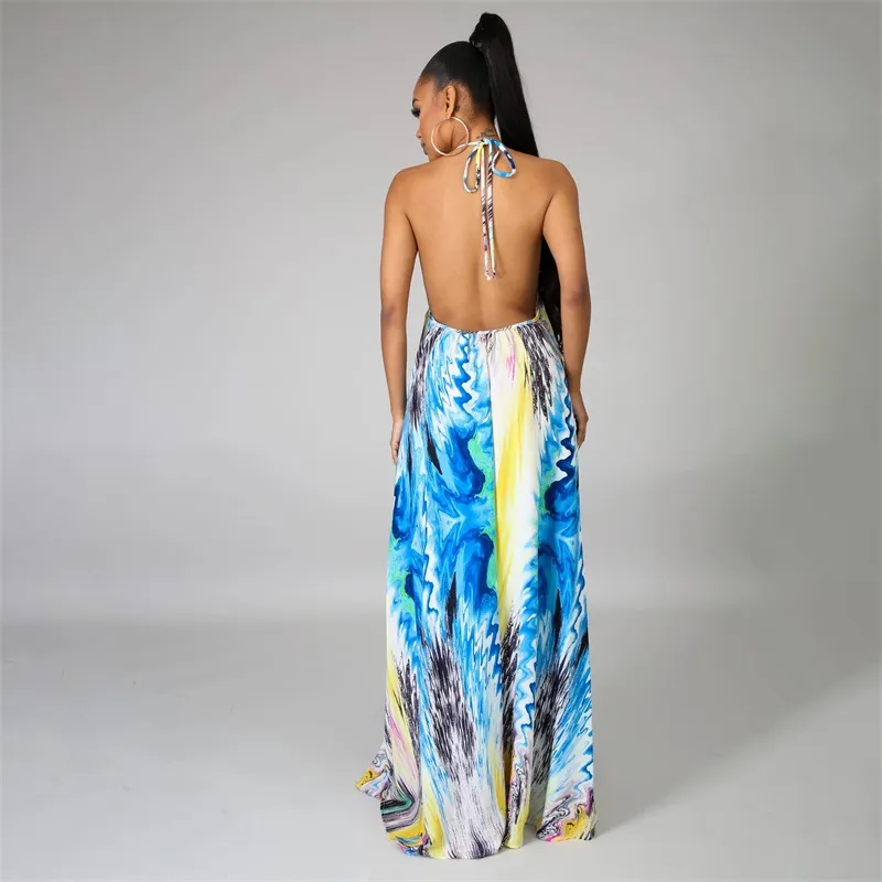 Ariella Halter Tie-Back Abstract Print Flowy Maxi Dress