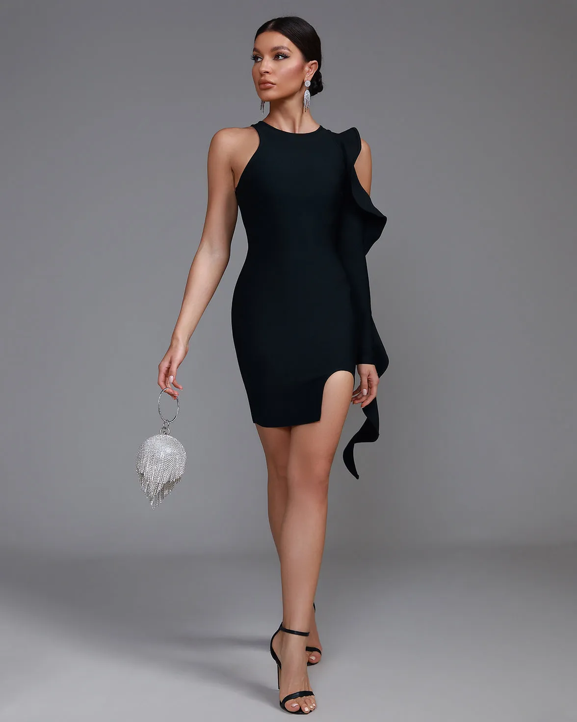 Asymmetric Ruffle-trim Mini Bandage Dress