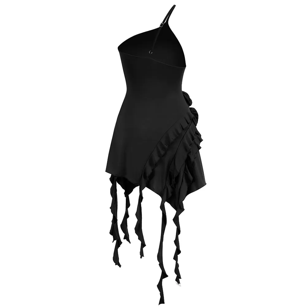 Asymmetric Ruffled 3D Floral Dress