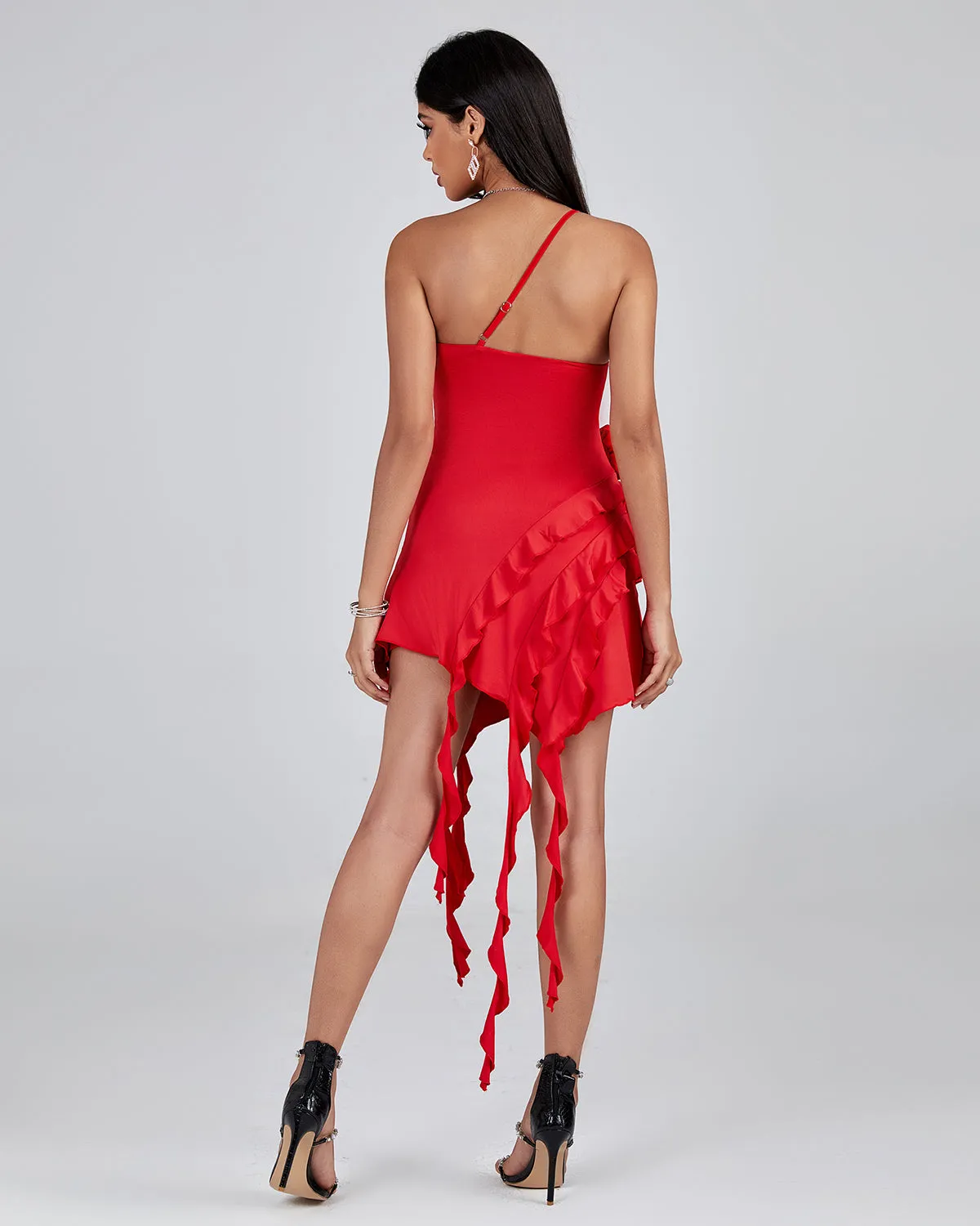 Asymmetric Ruffled 3D Floral Dress