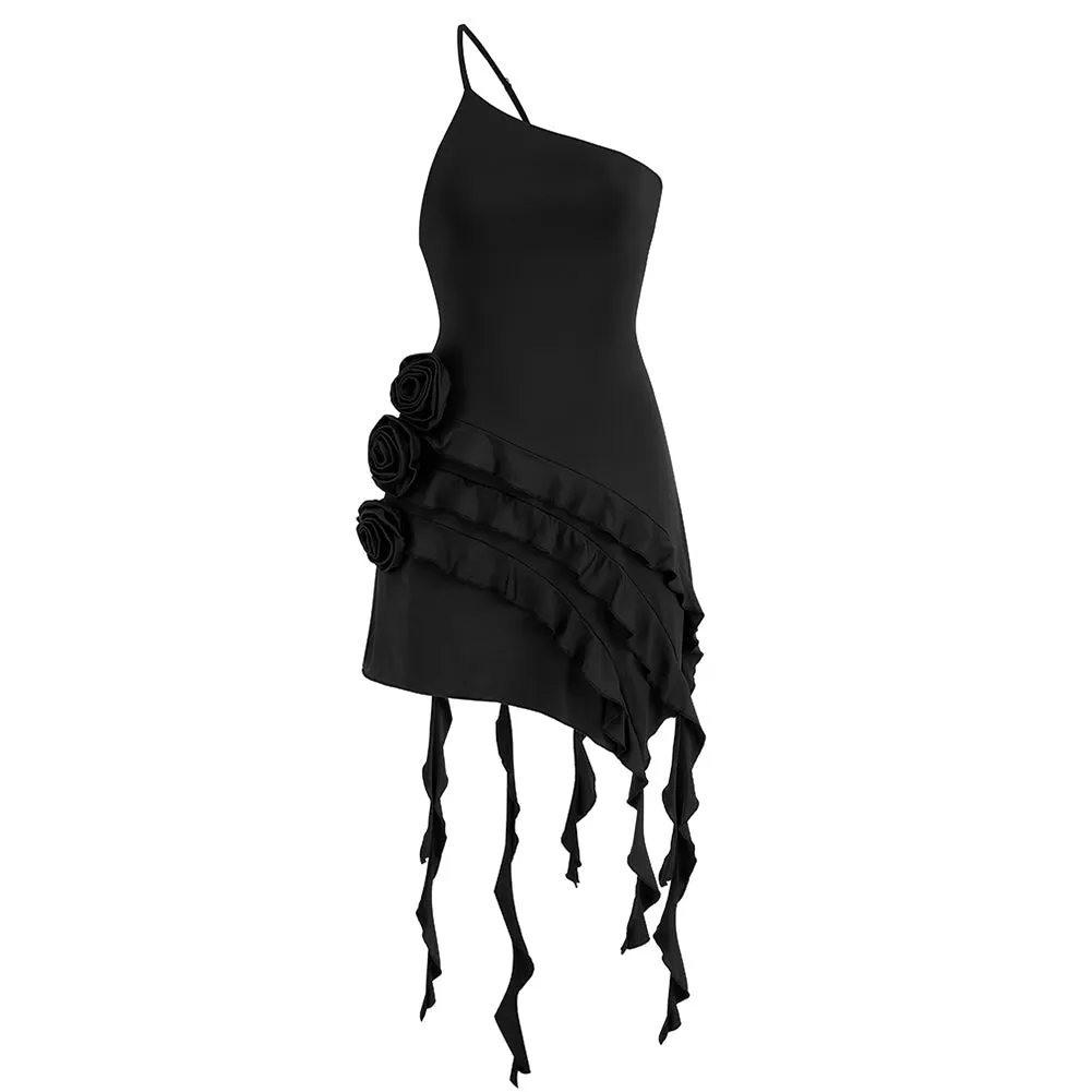 Asymmetric Ruffled 3D Floral Dress