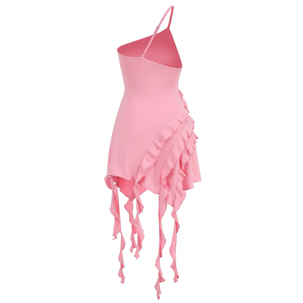 Asymmetric Ruffled 3D Floral Dress