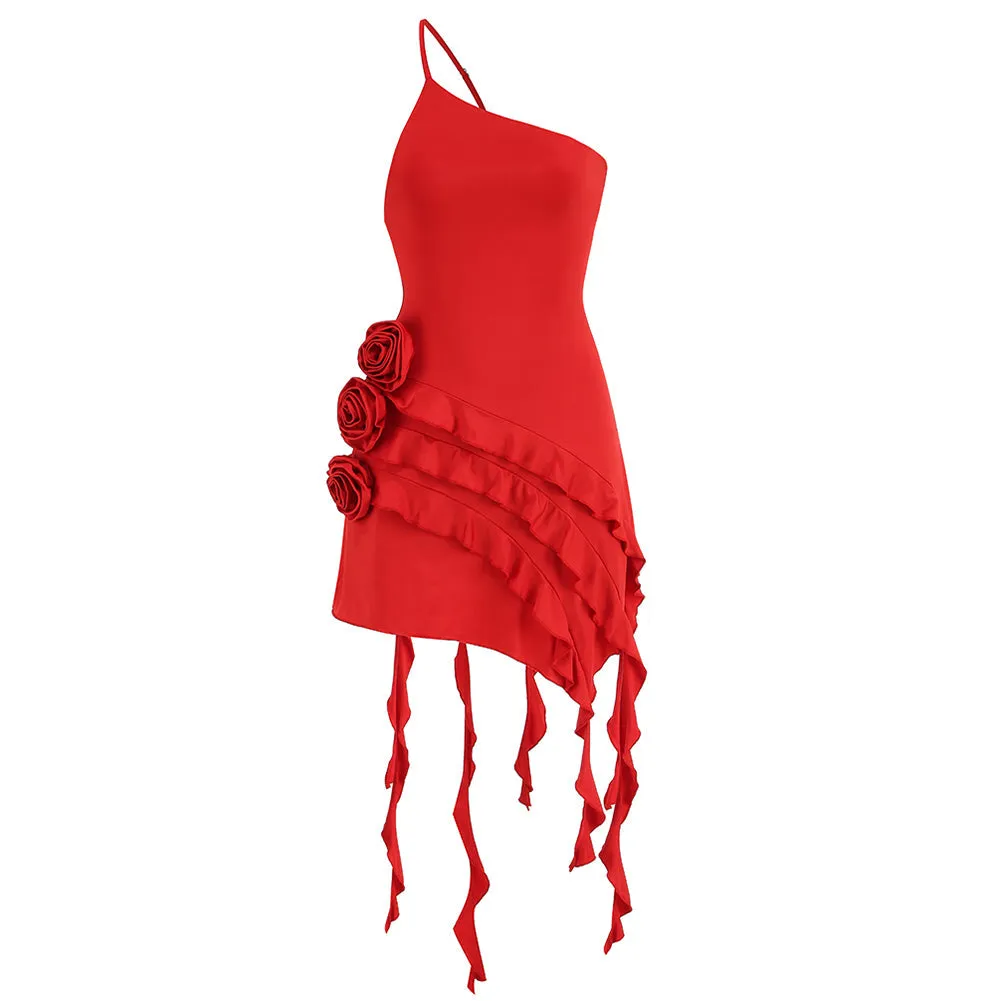 Asymmetric Ruffled 3D Floral Dress