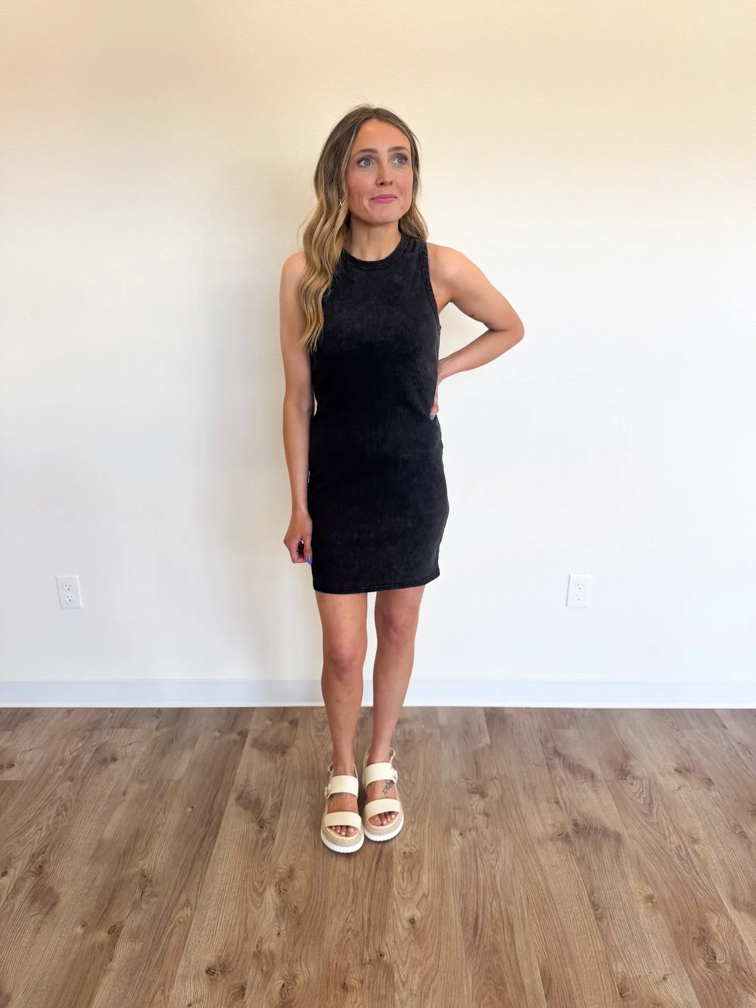 Auden Acid Washed Ribbed Mini Dress in Black