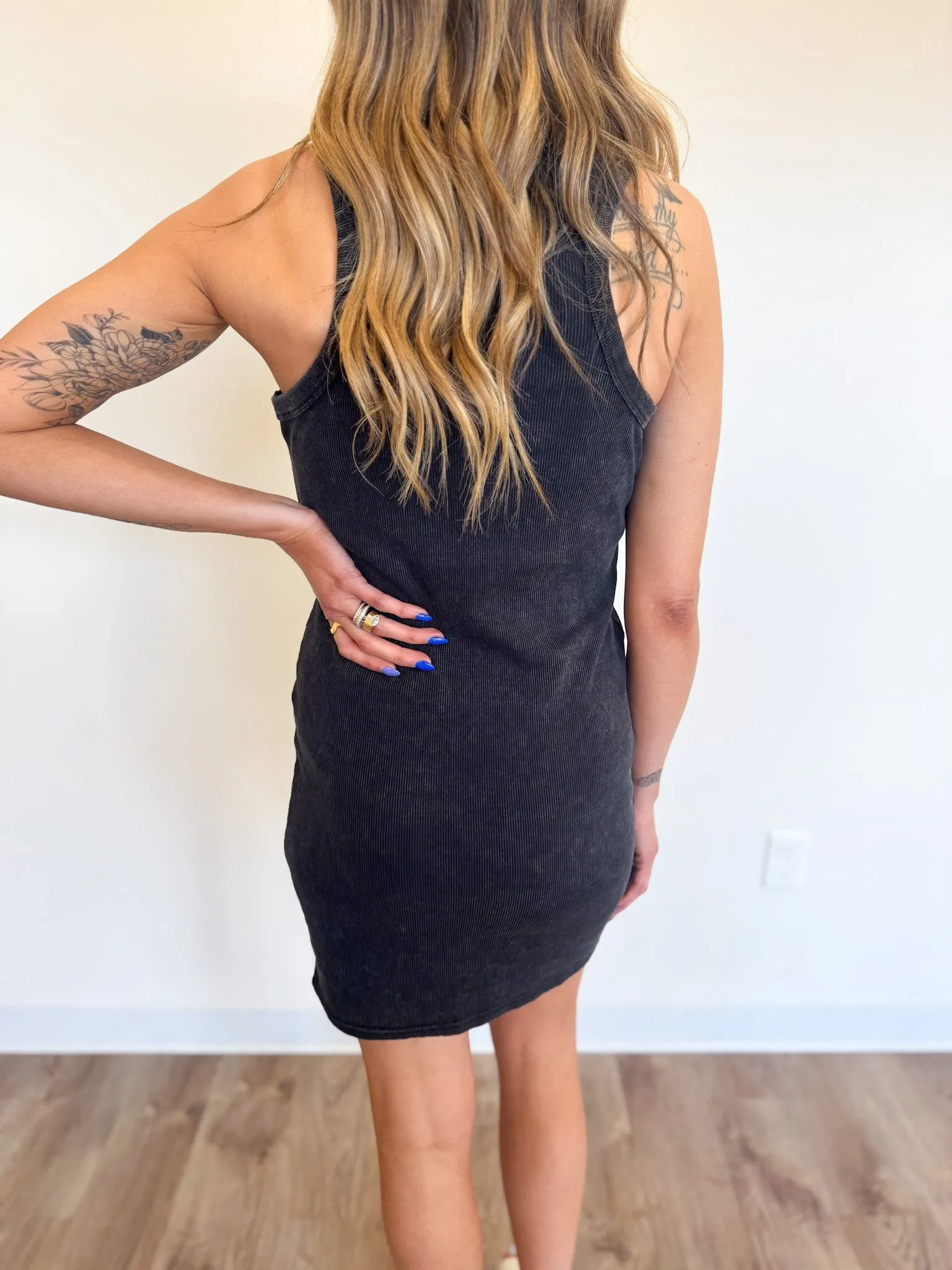 Auden Acid Washed Ribbed Mini Dress in Black