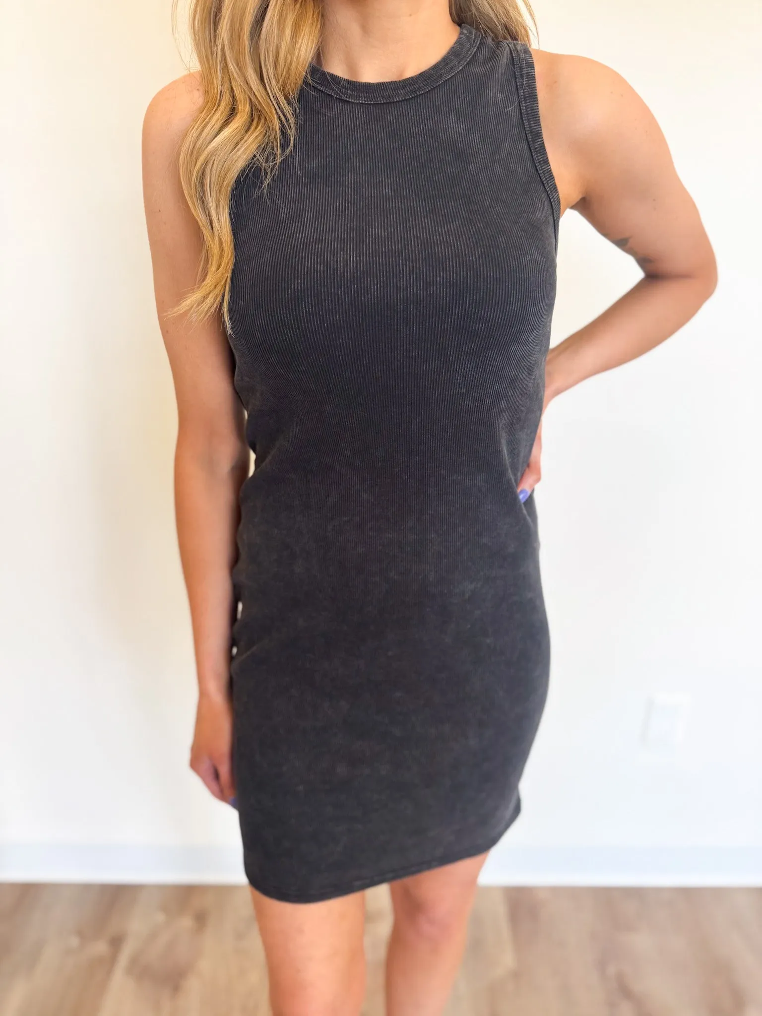 Auden Acid Washed Ribbed Mini Dress in Black
