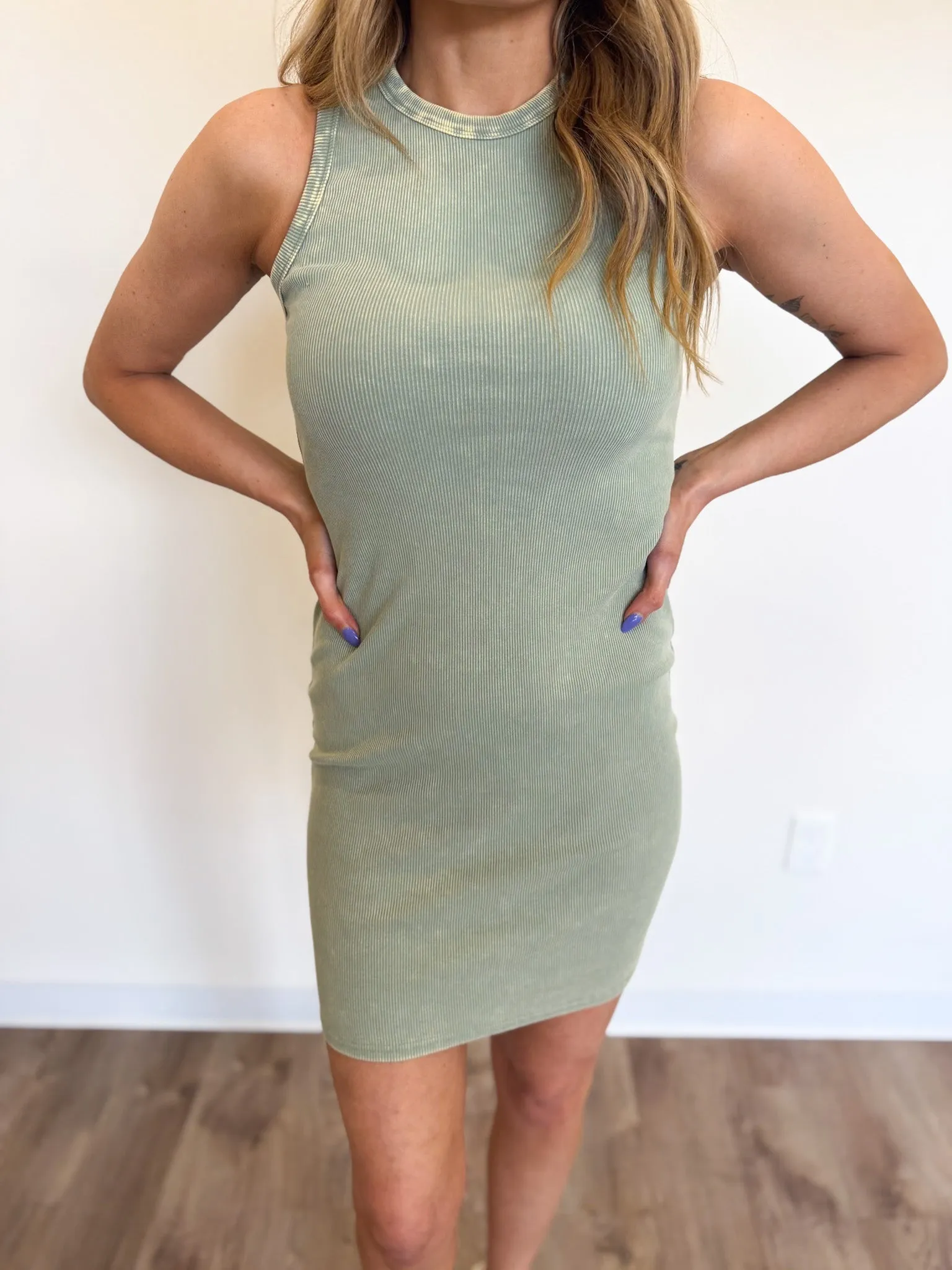 Auden Acid Washed Ribbed Mini Dress in Sage Green