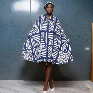 Authentic African Blue/White Print Big Button Tunic Short Dress Blouse Top