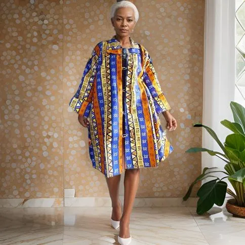 Authentic African Print Big Button Tunic Short Dress Blouse Top