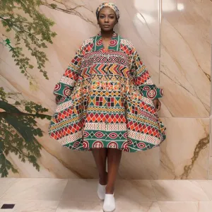 Authentic African Tribal Multi-Print Big Button Tunic Short Dress Blouse Top