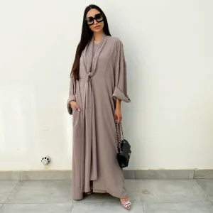 AW20 SIGNATURE TAUPE TIE ABAYA & MATCHING T SHIRT DRESS SET