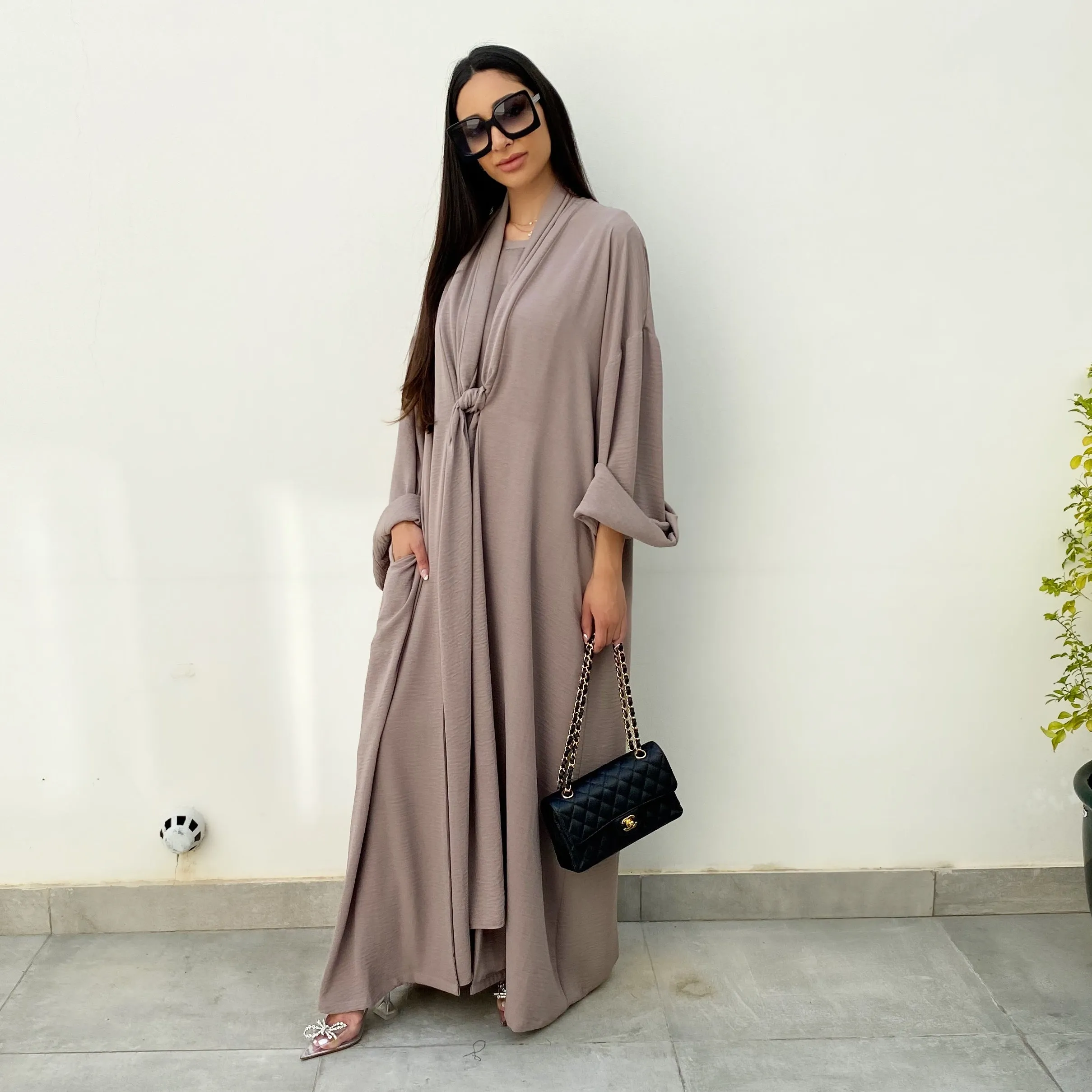 AW20 SIGNATURE TAUPE TIE ABAYA & MATCHING T SHIRT DRESS SET