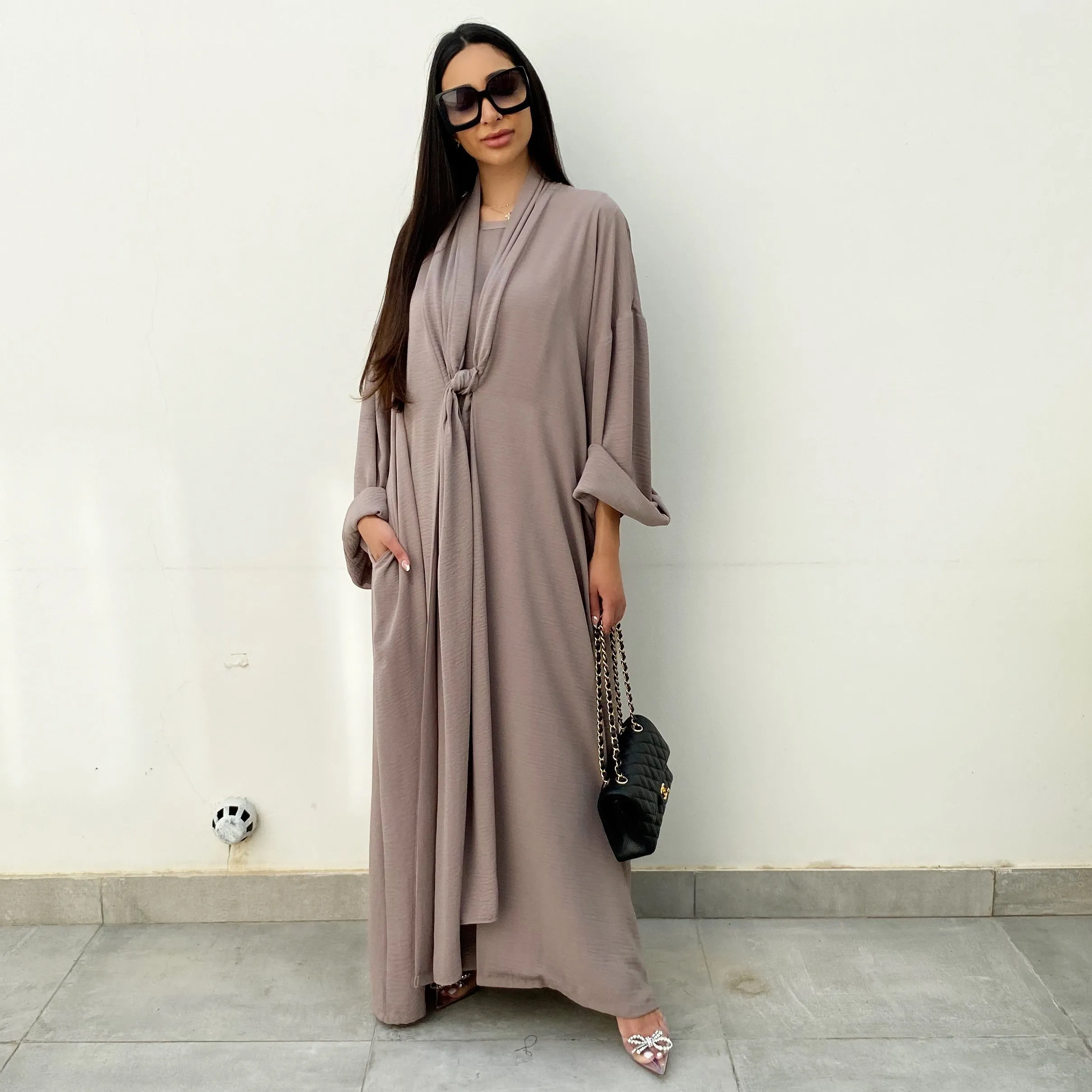AW20 SIGNATURE TAUPE TIE ABAYA & MATCHING T SHIRT DRESS SET