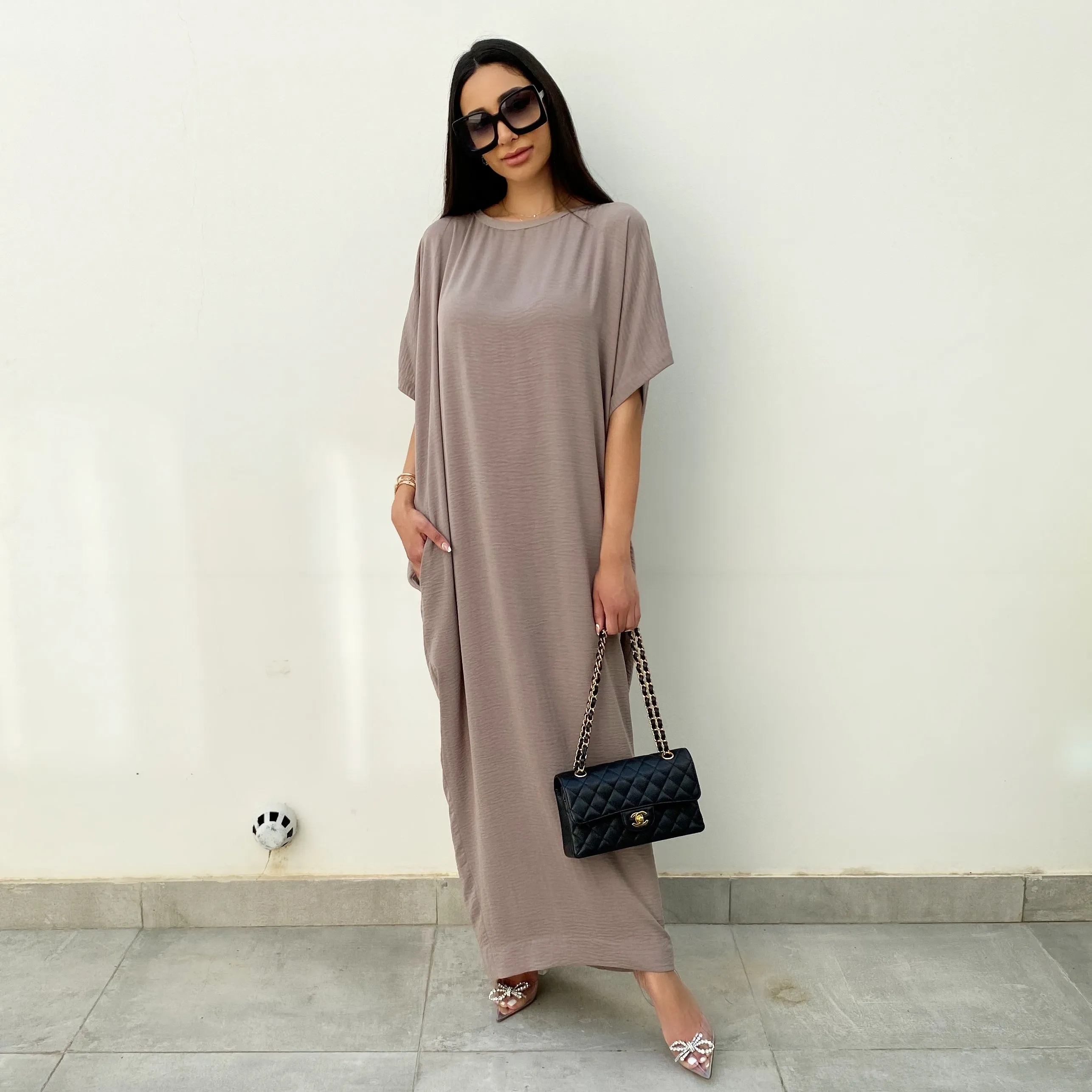 AW20 SIGNATURE TAUPE TIE ABAYA & MATCHING T SHIRT DRESS SET