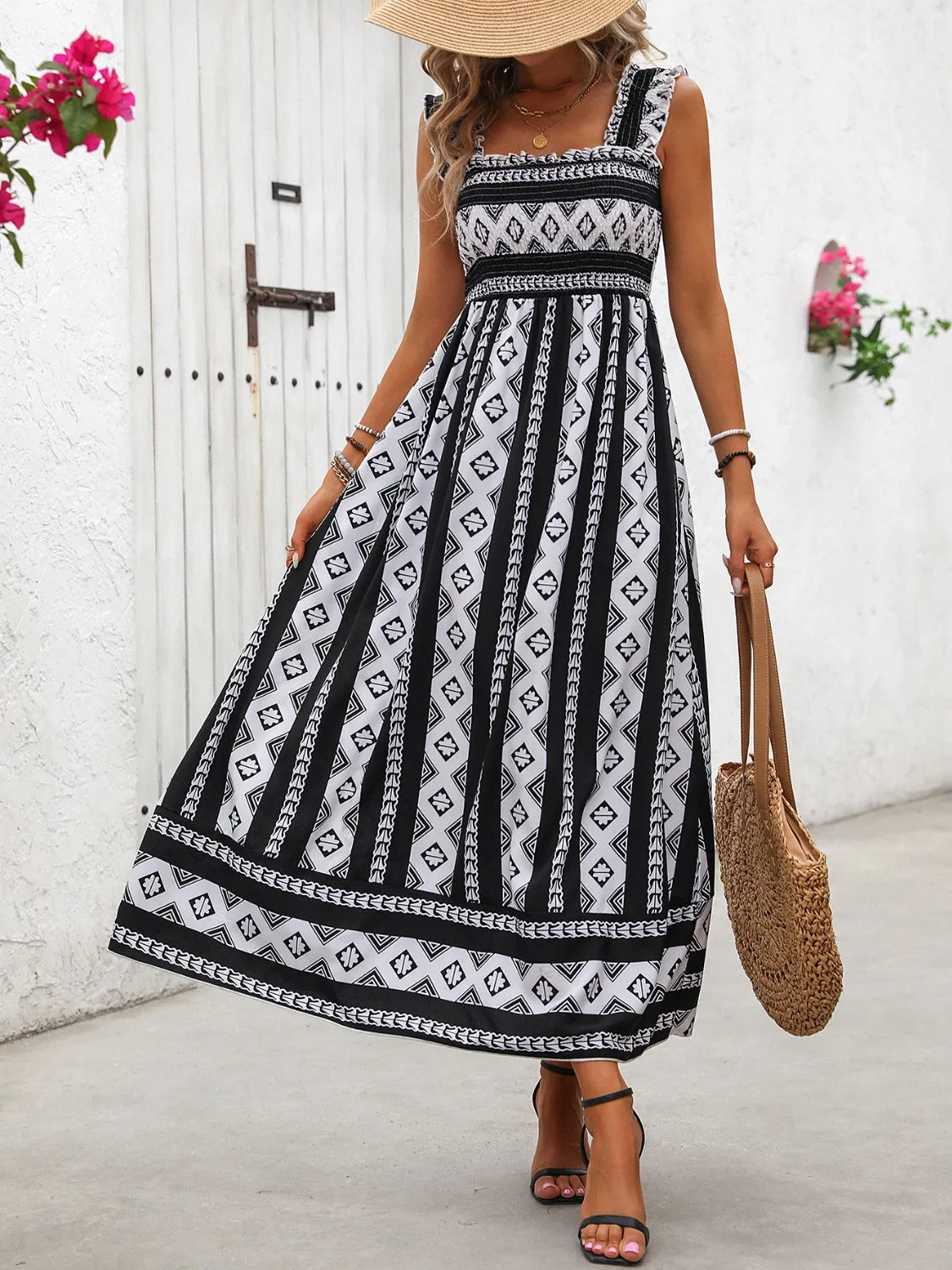 Aztec Printed Square Neck Wide Strap Cami Dress