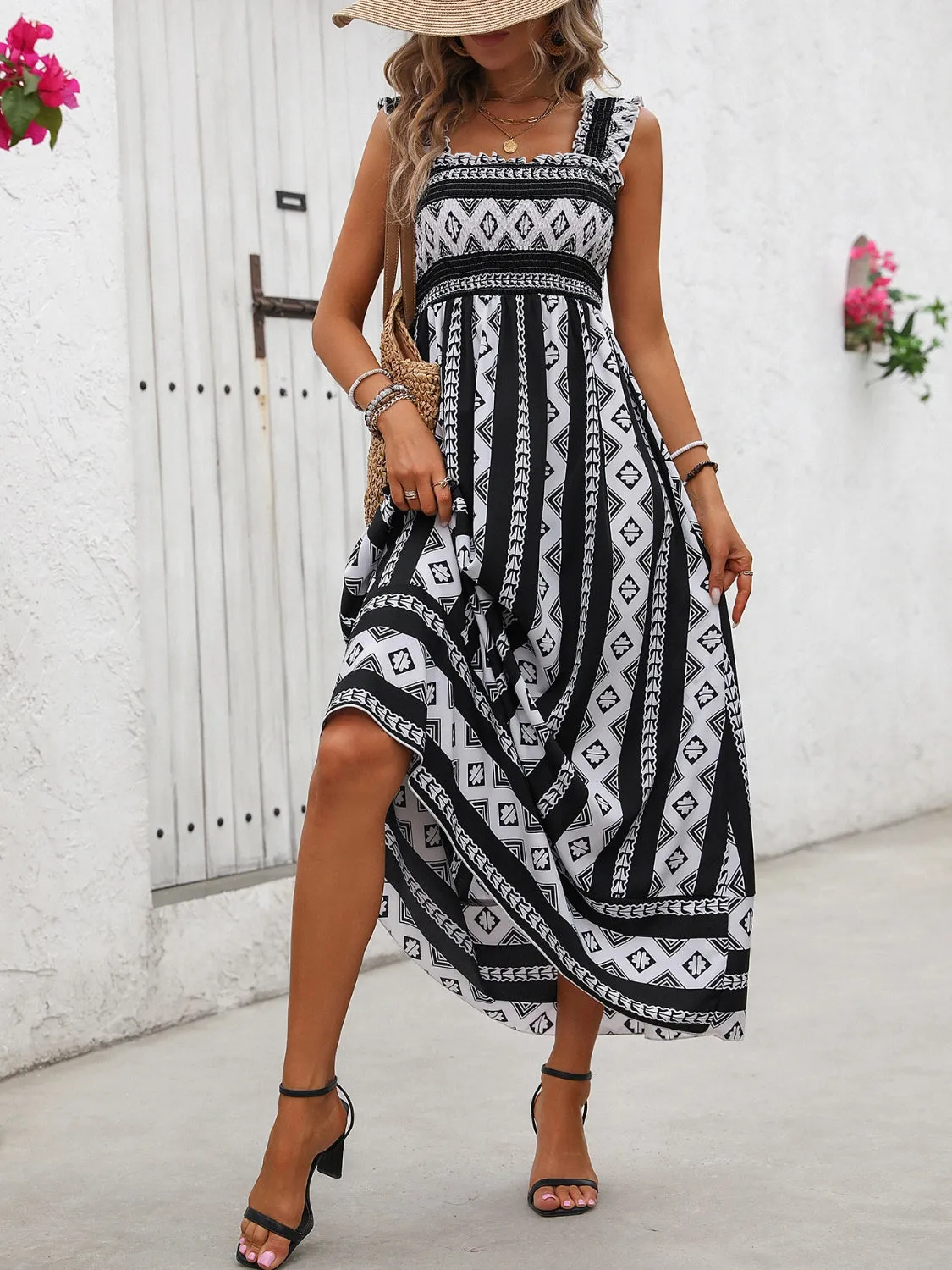 Aztec Printed Square Neck Wide Strap Cami Dress