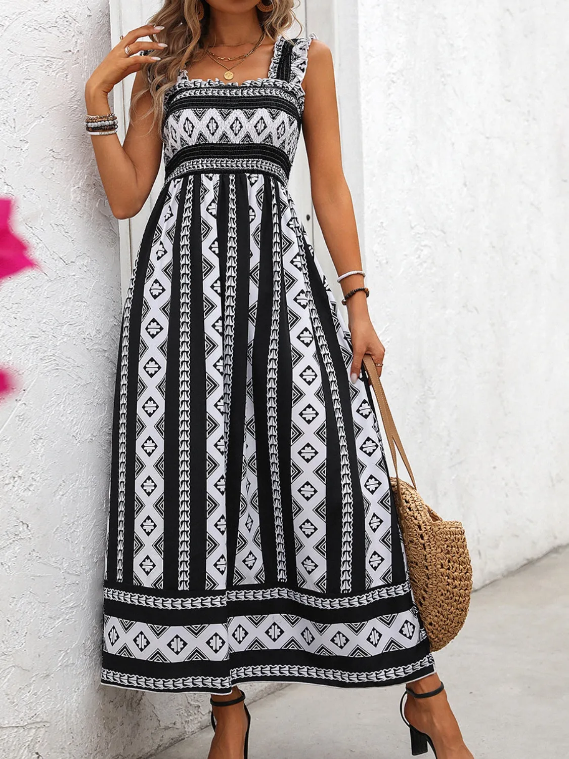 Aztec Printed Square Neck Wide Strap Cami Dress