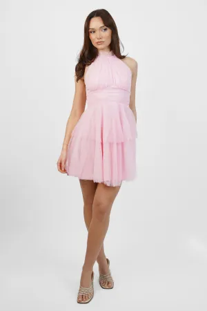 Baby Pink Tulle Halterneck Mini Dress