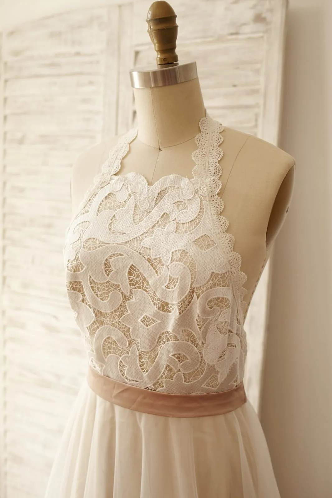 Backless Boho Beach Ivory Lace Tulle Wedding Dress