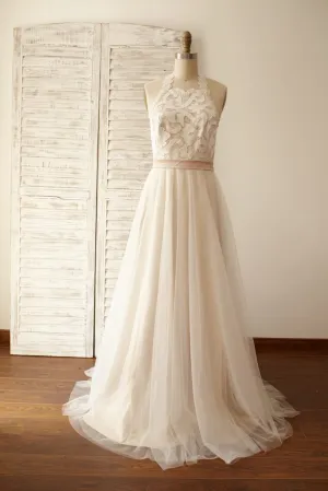 Backless Boho Beach Ivory Lace Tulle Wedding Dress