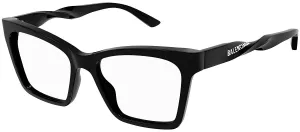 Balenciaga BB 0210O 001 Square Plastic Black Eyeglasses with Logo Stamped Demo Lenses Lens