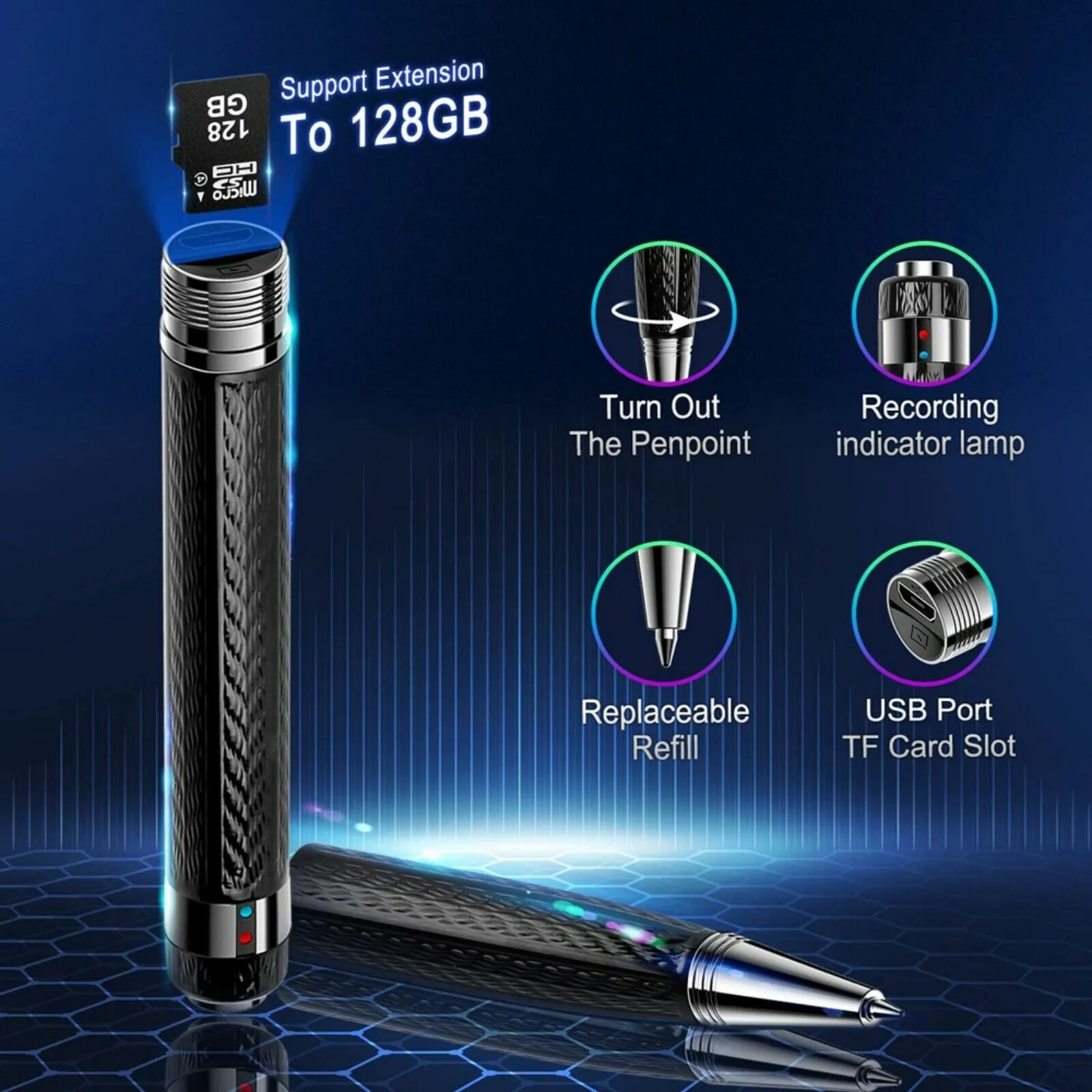 Ballpoint Pen Sound Activated Digital Voice Recorder 8GB/16GB/32G 20 Hour Battery