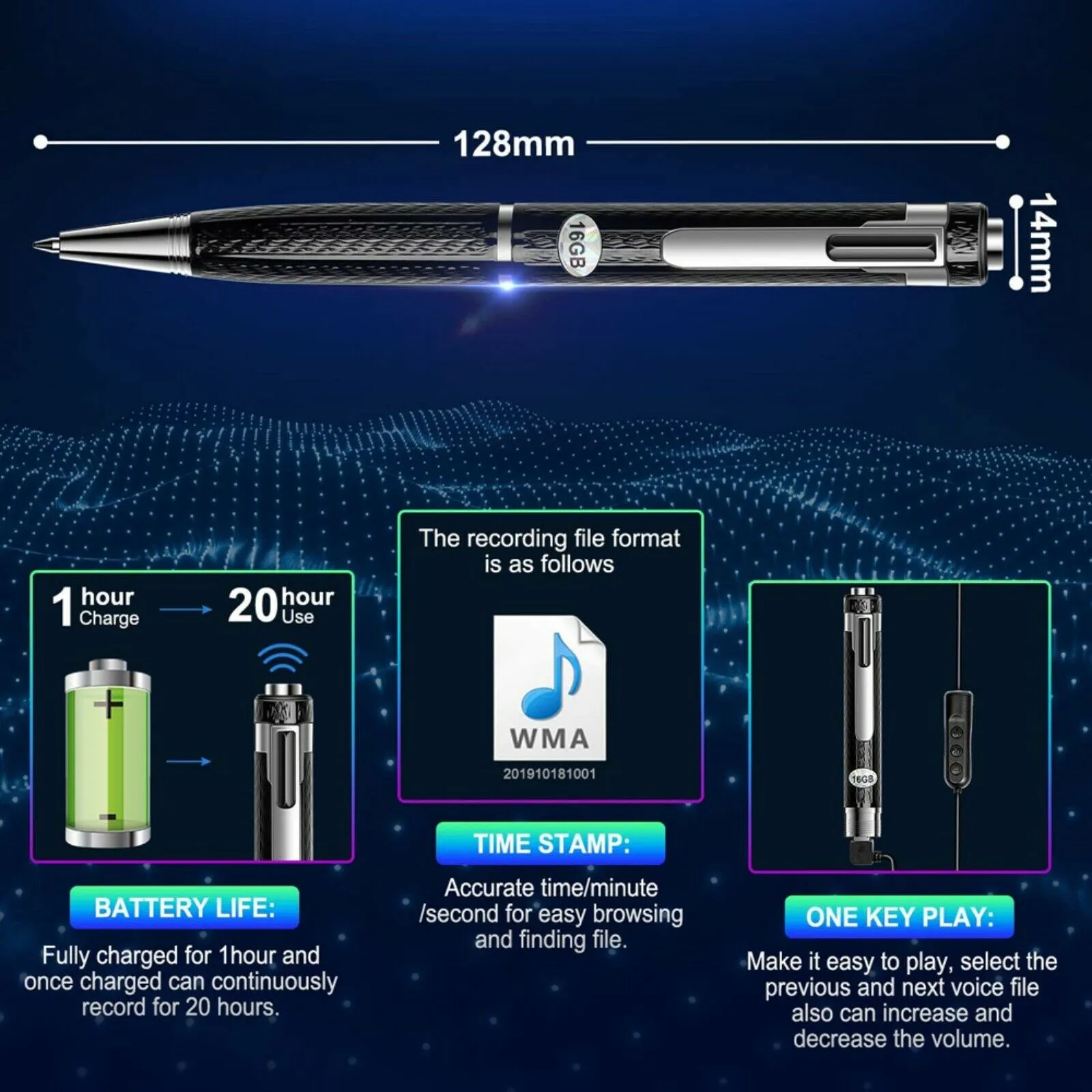 Ballpoint Pen Sound Activated Digital Voice Recorder 8GB/16GB/32G 20 Hour Battery