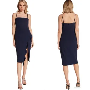 Bardot‎ Carmelle Navy Blue Ruffled Leg Slit Square Neck Cocktail Midi Dress NEW